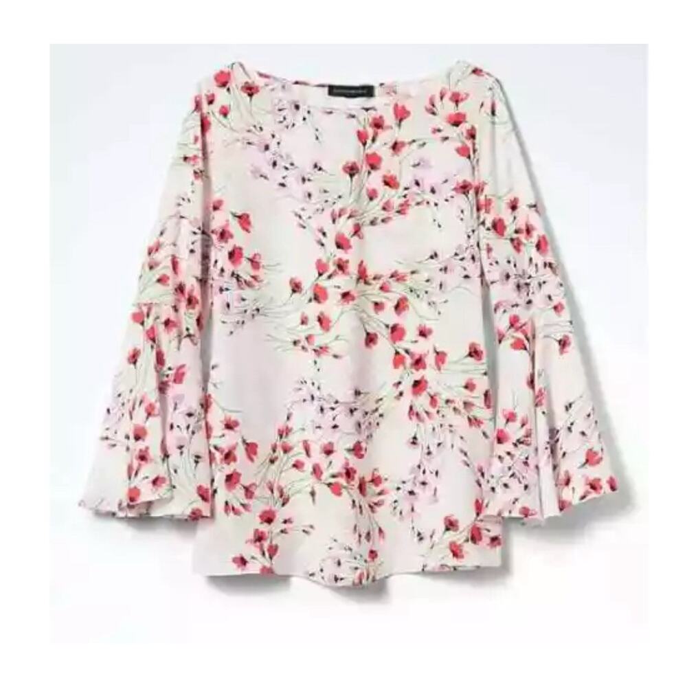 Floral Fluted-Sleeve Top White Floral Whimsical Fairy Artsy Banana Republic Sz M